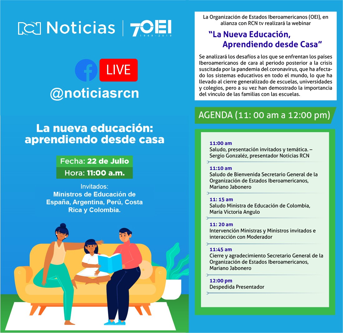 Este miércoles 22 de julio, la OEI, en alianza con RCN Colombia, realiza el webinario «La nueva educación, aprendiendo desde casa»