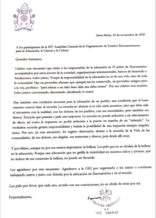 Carta del Papa Francisco a la Asamblea General de la OEI