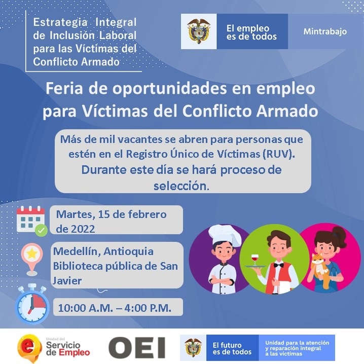 Feria de oportunidades en empleo para víctimas del conflicto armado, en Medellín (Antioquia)