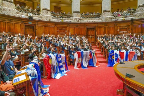 Parlamento Juvenil Mercosur / Uruguay 2024 Camara de Senadores con banderas