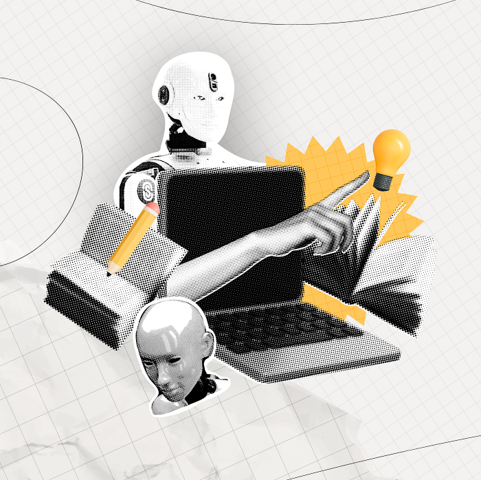 Imagen collage ordenador, robot, manos, flores