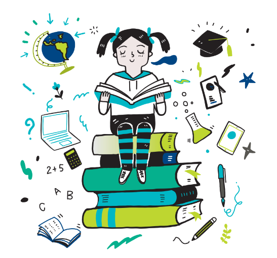 Imagen de una niña rodeada de múltiples opciones para aprender.